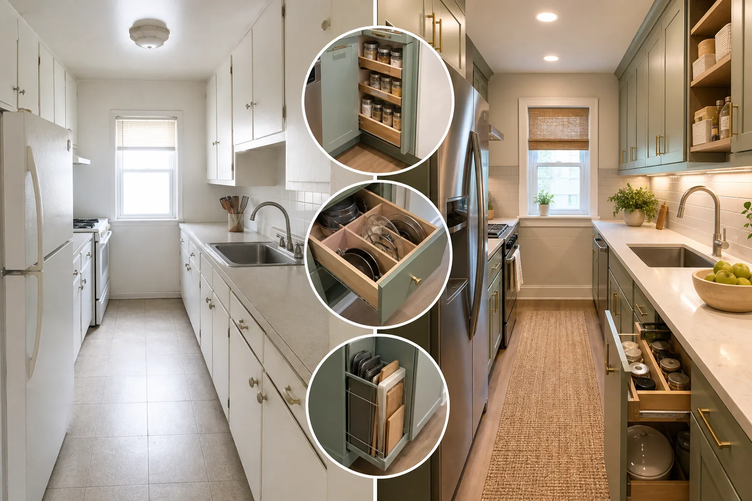 Storage Upgrades for a Small Galley Kitchen Makeover — small galley kitchen makeover before and after