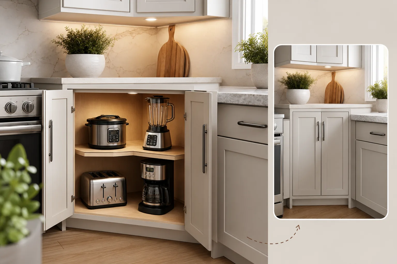 1. Use a Corner Appliance Garage — small kitchen appliance garage ideas