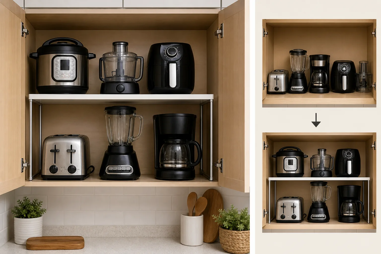 5. Use Cabinet Shelf Risers to Capture Vertical Space — Small Kitchen Appliance Storage Ideas