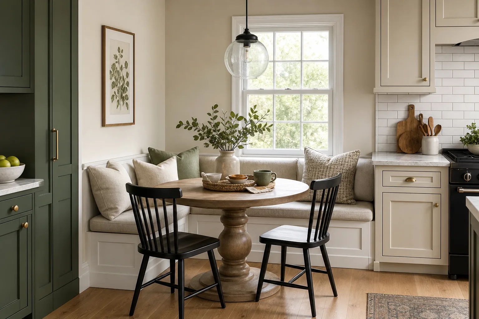 2. Use a Round Pedestal Table — small kitchen breakfast nook ideas