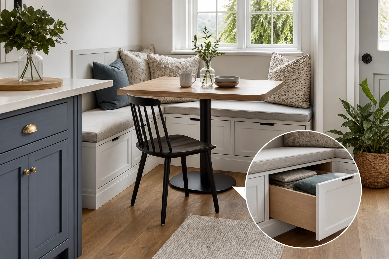 4. Add Storage Under the Bench — small kitchen breakfast nook ideas