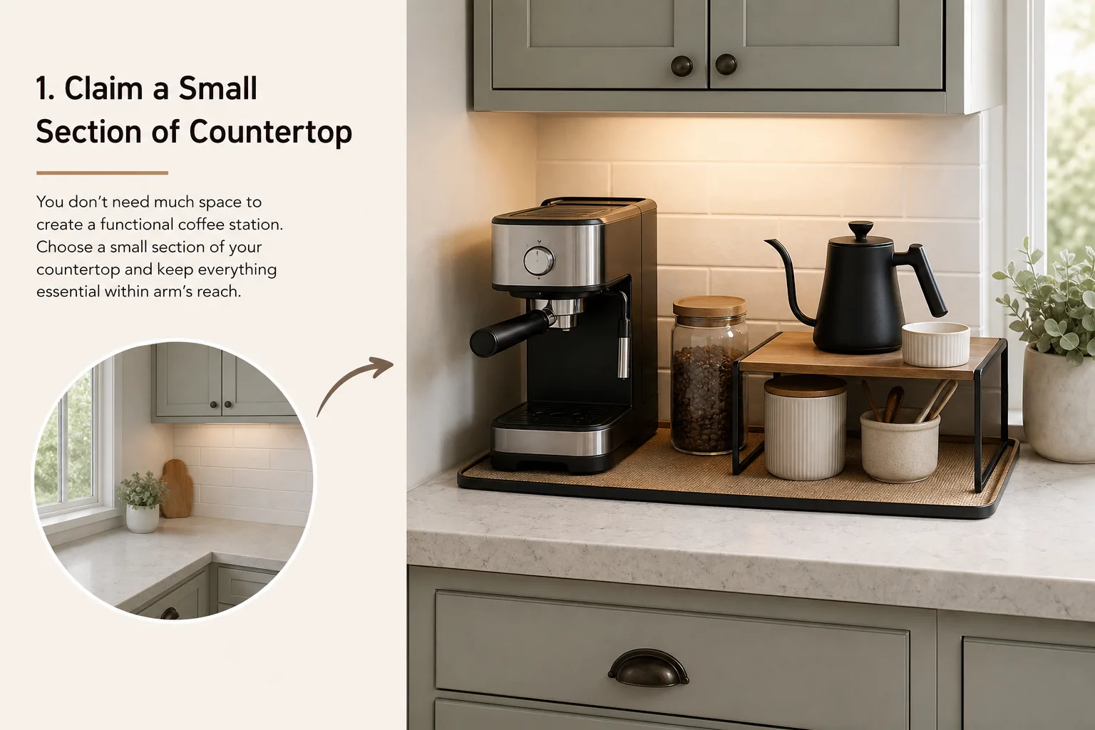 1. Claim a Small Section of Countertop — small kitchen coffee station ideas