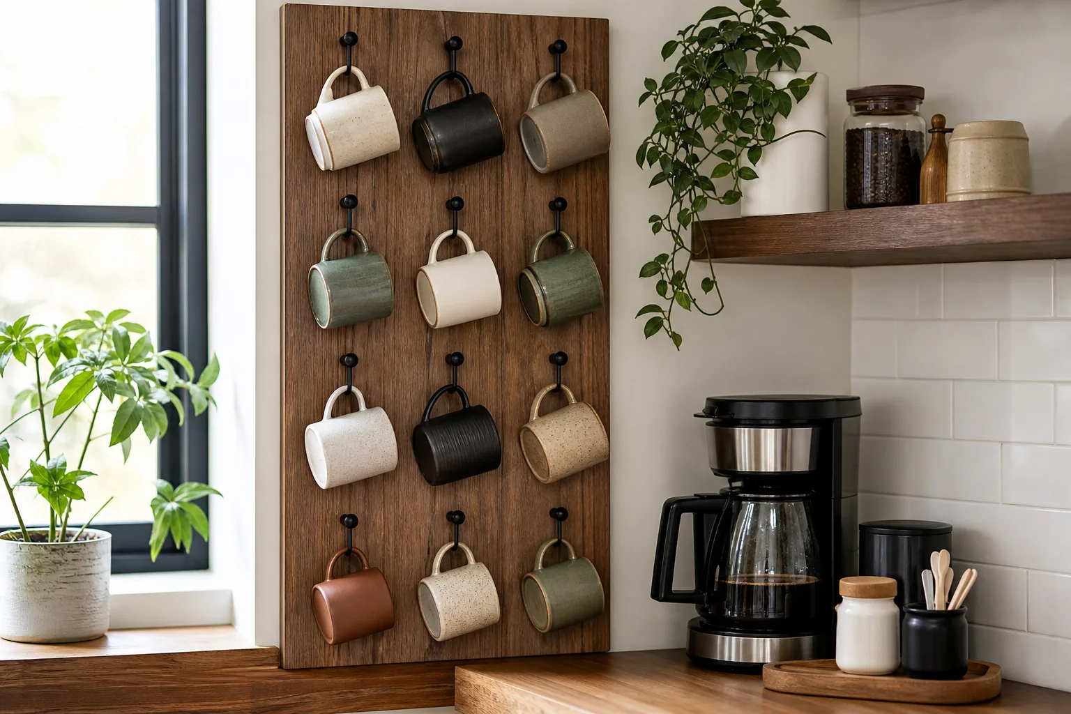 5. Make a Vertical Mug Wall — small kitchen coffee station ideas
