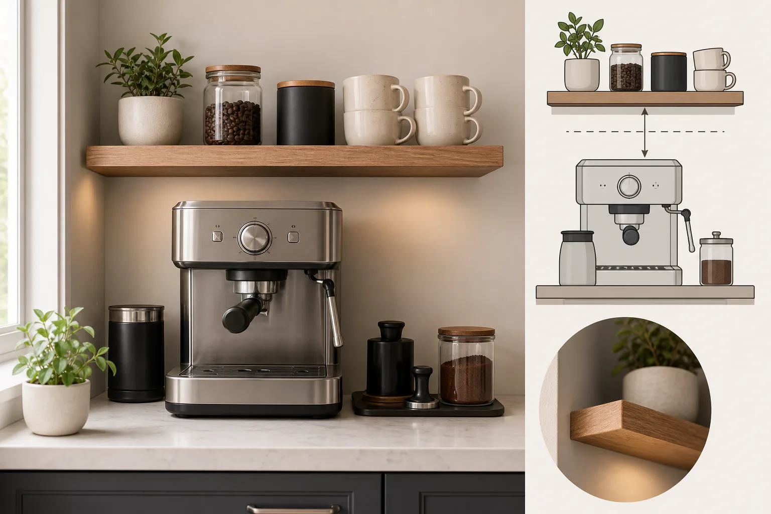 6. Add a Narrow Floating Shelf Above the Machine — small kitchen coffee station ideas