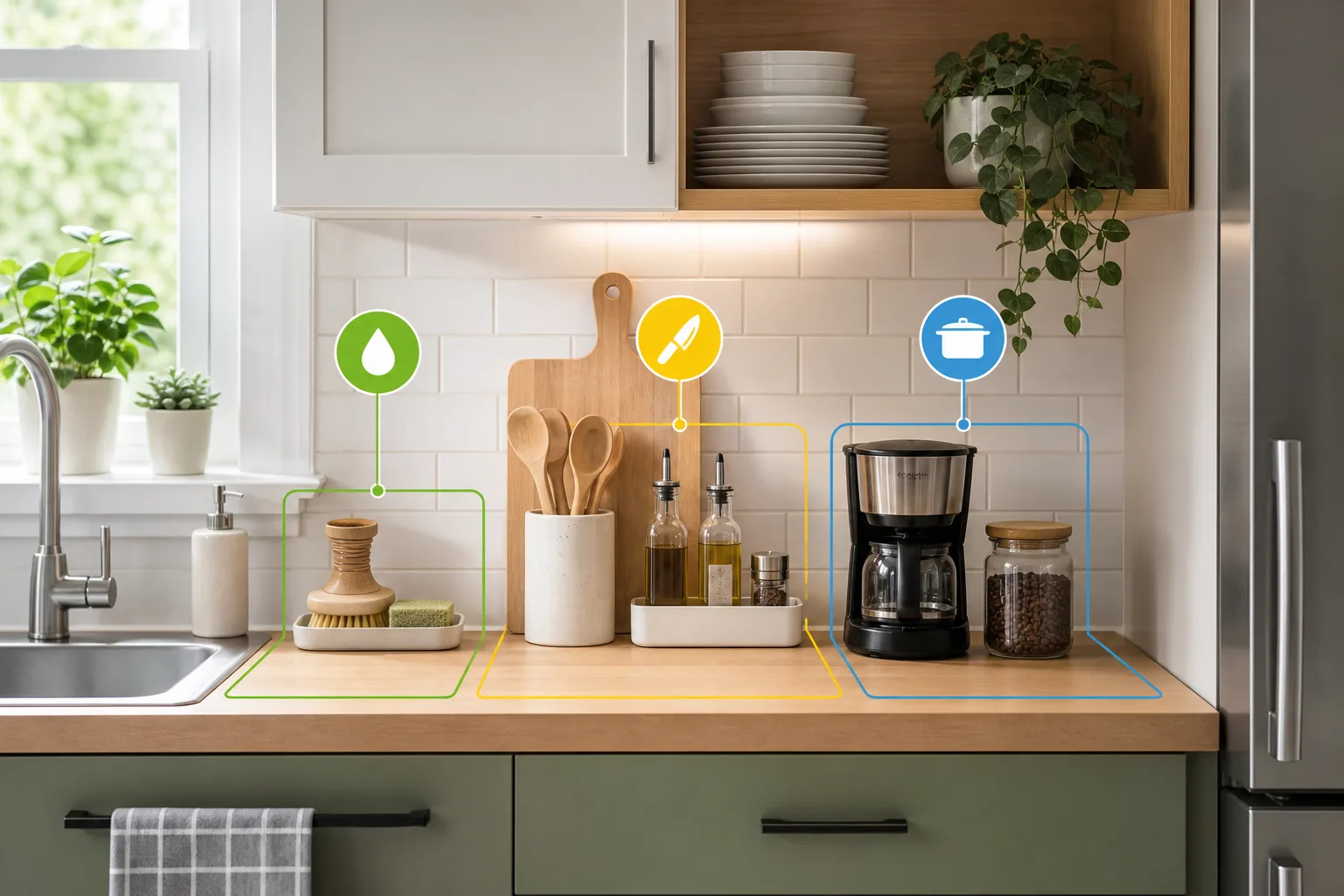 1. Create Dedicated Counter Zones — Small Kitchen Counter Organization Ideas