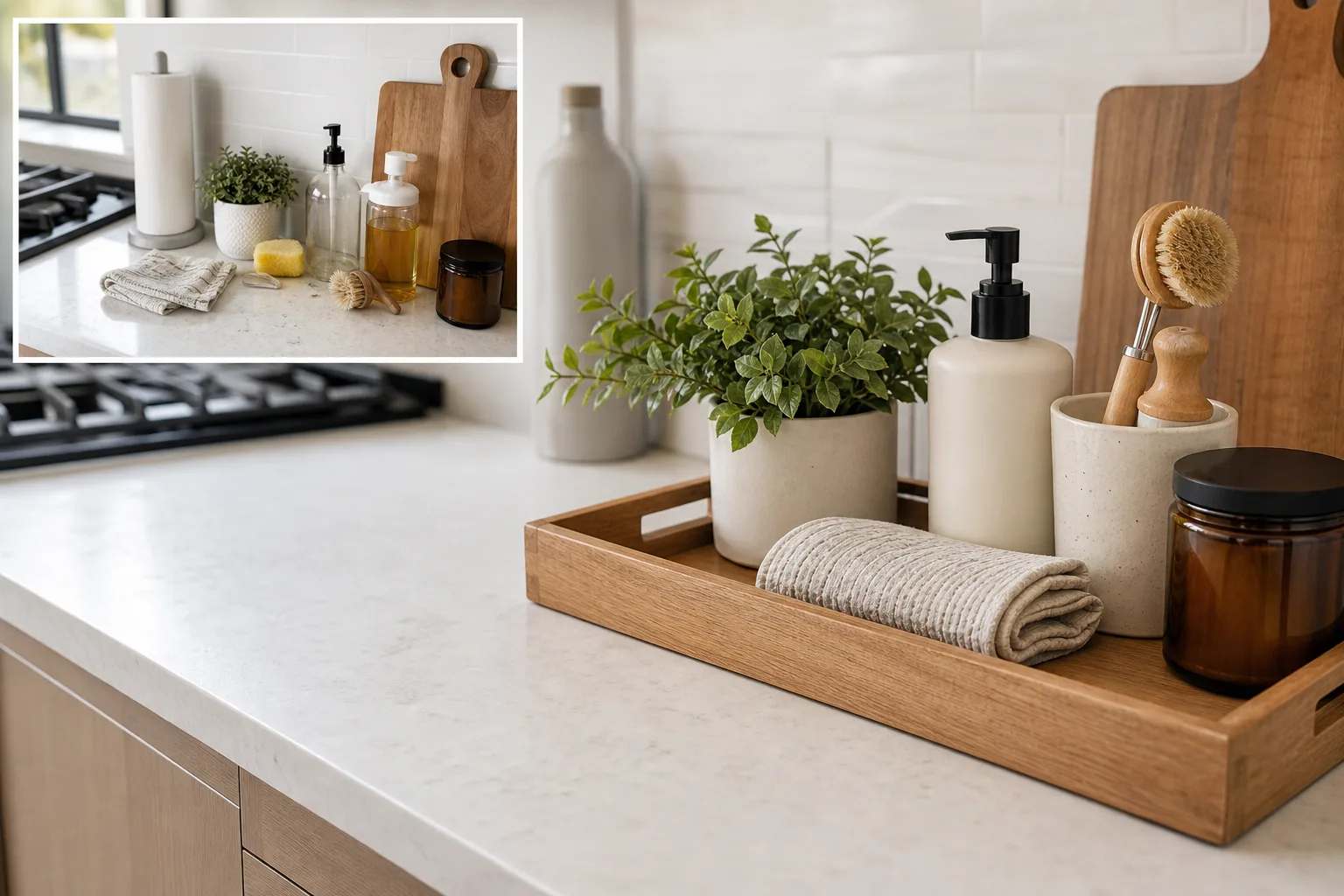 2. Use a Tray to Contain Daily Essentials — Small Kitchen Counter Organization Ideas
