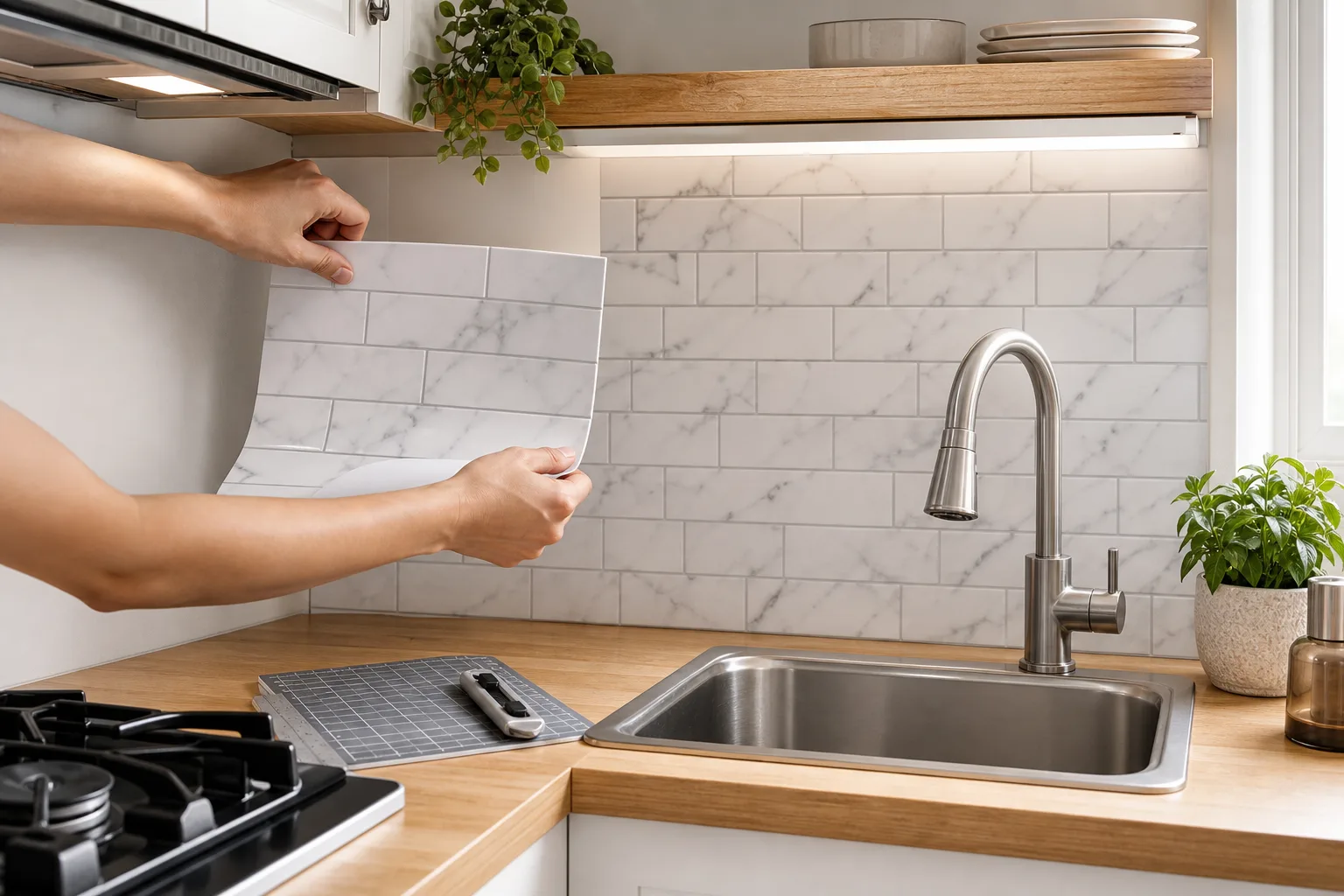 4. Add Peel-and-Stick Backsplash — small kitchen design ideas on a budget