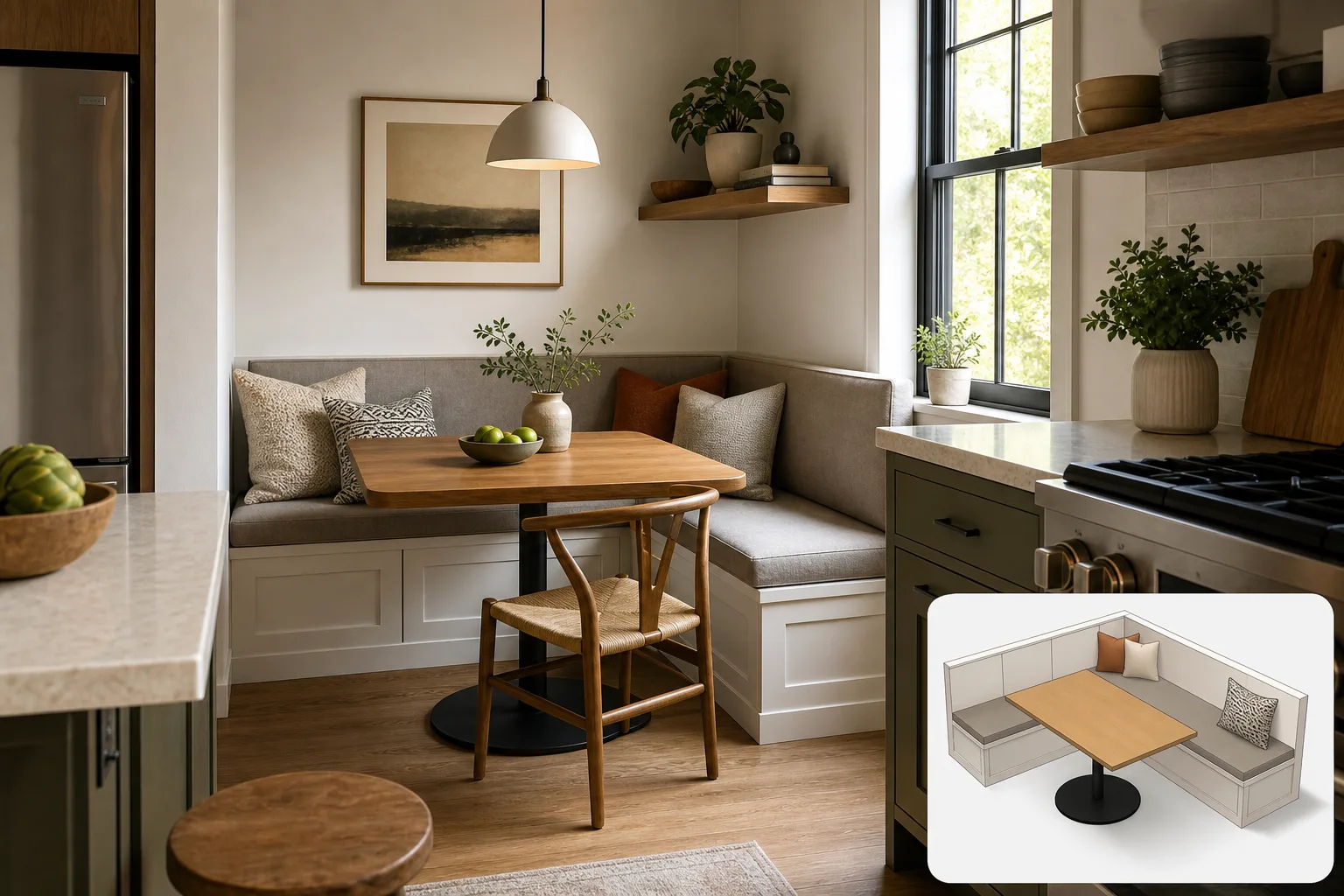 2. Build a Banquette Into an Unused Corner — Small Kitchen Dining Area Ideas