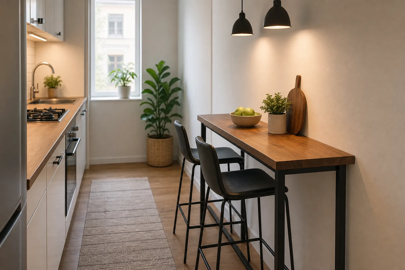 5. Use a Narrow Bar Table Along a Blank Wall — Small Kitchen Dining Area Ideas