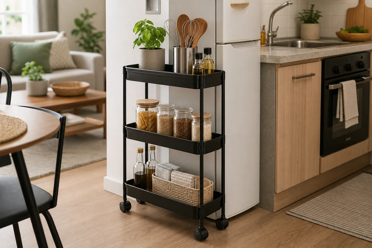 2. Add a Slim Rolling Cart — Small Kitchen Ideas for Apartments on a Budget