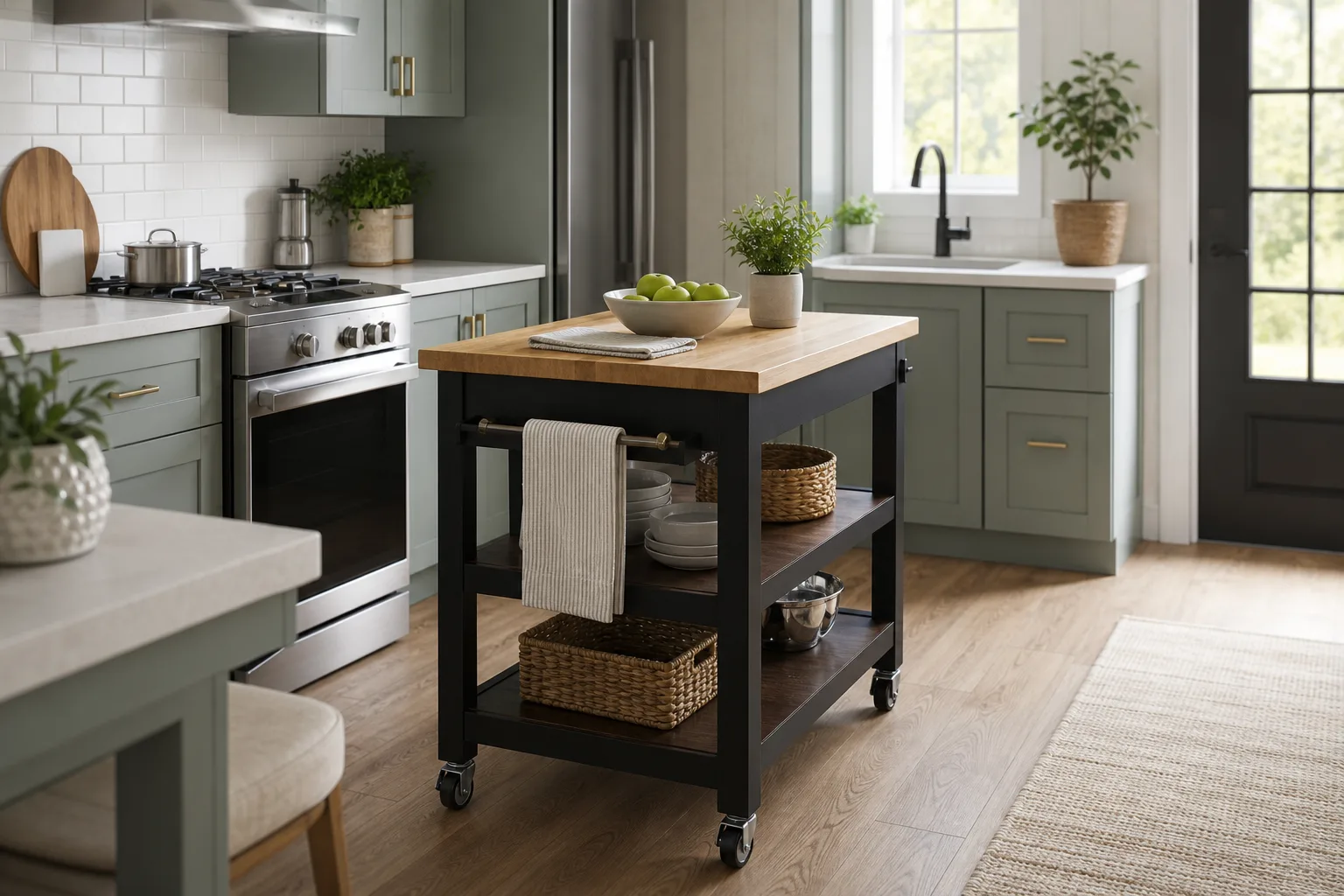3. Use a Rolling Cart as a Flexible Island — small kitchen ideas with island