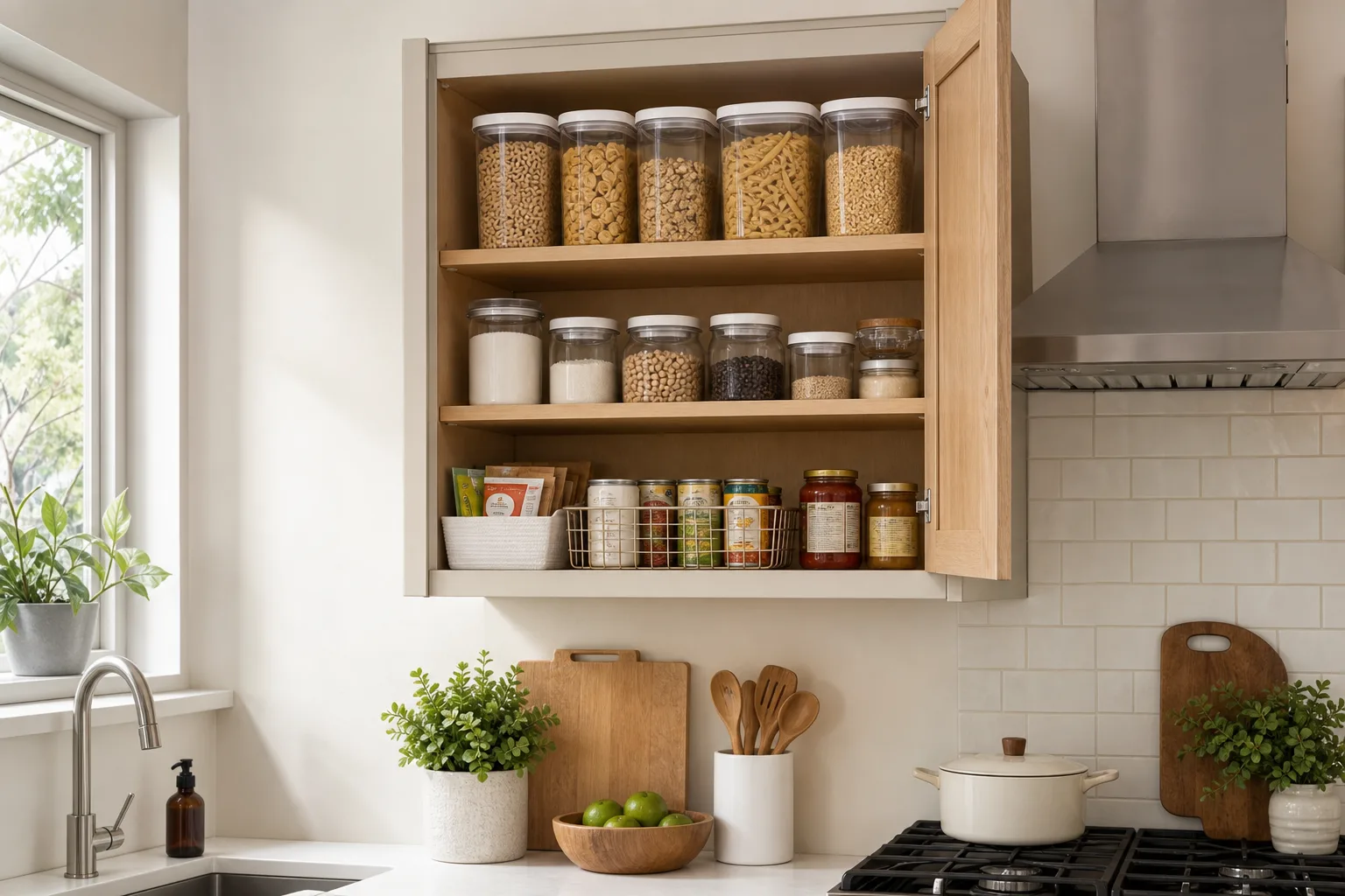 1. Turn One Upper Cabinet Into a Dedicated Food Cabinet — Small Kitchen Ideas With No Pantry