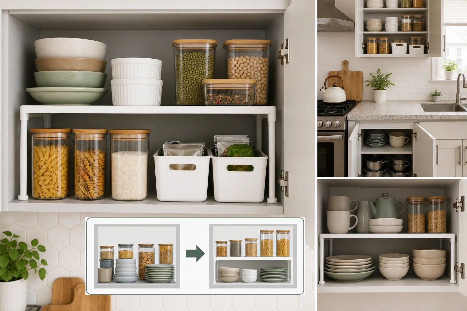 2. Use Cabinet Shelf Risers to Double Vertical Space — Small Kitchen Ideas With No Pantry