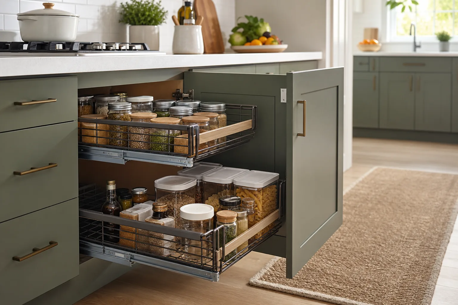 3. Add Pull-Out Baskets Inside Deep Lower Cabinets — Small Kitchen Ideas With No Pantry