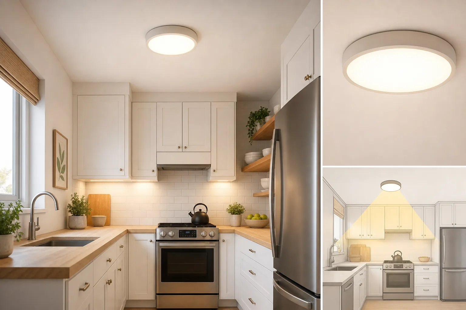 1. Start With a Bright, Low-Profile Ceiling Fixture — small kitchen lighting ideas