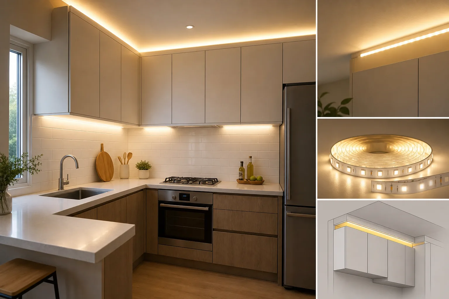 3. Use LED Strip Lights Above Cabinets — small kitchen lighting ideas