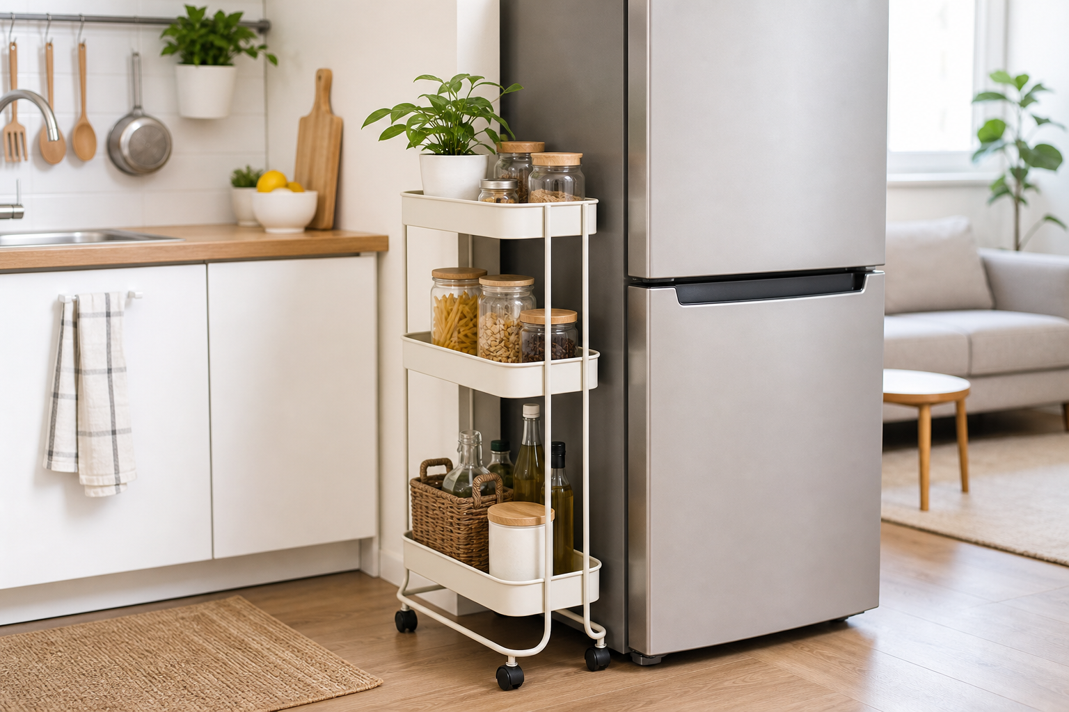 1. Add a Slim Rolling Cart Beside the Refrigerator — small kitchen storage ideas for renters