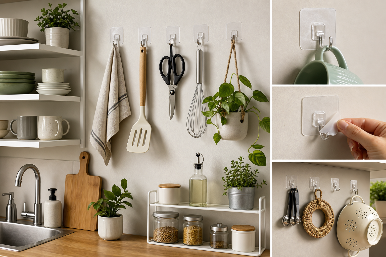 3. Install Removable Adhesive Hooks — small kitchen storage ideas for renters