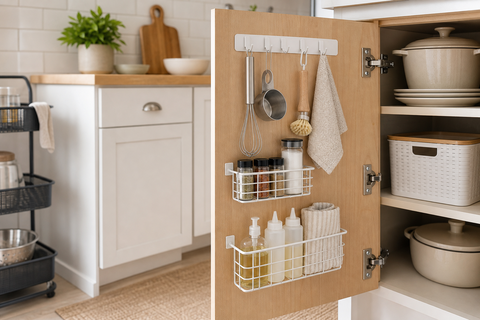 4. Turn Cabinet Doors Into Storage Zones — small kitchen storage ideas for renters