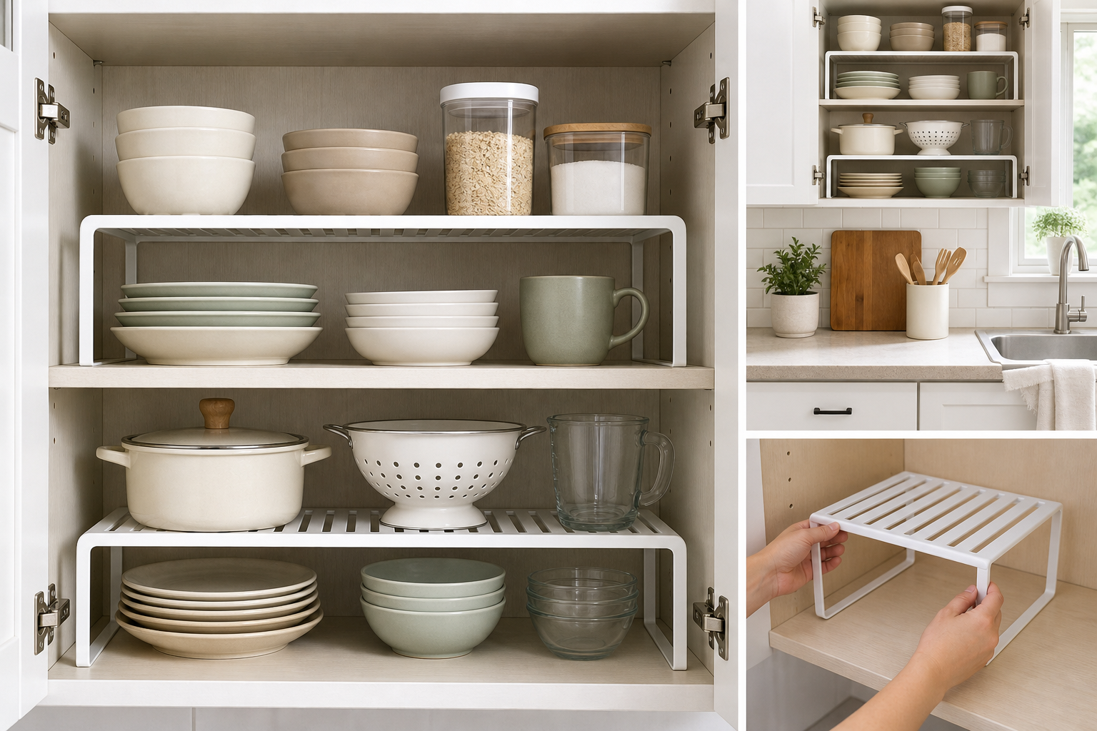 5. Double Cabinet Space With Shelf Risers — small kitchen storage ideas for renters