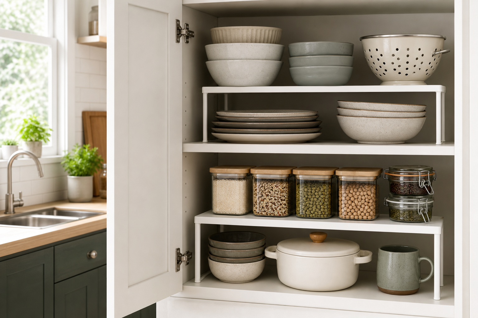 3. Add Shelf Risers Inside Cabinets — small kitchen storage ideas without a pantry