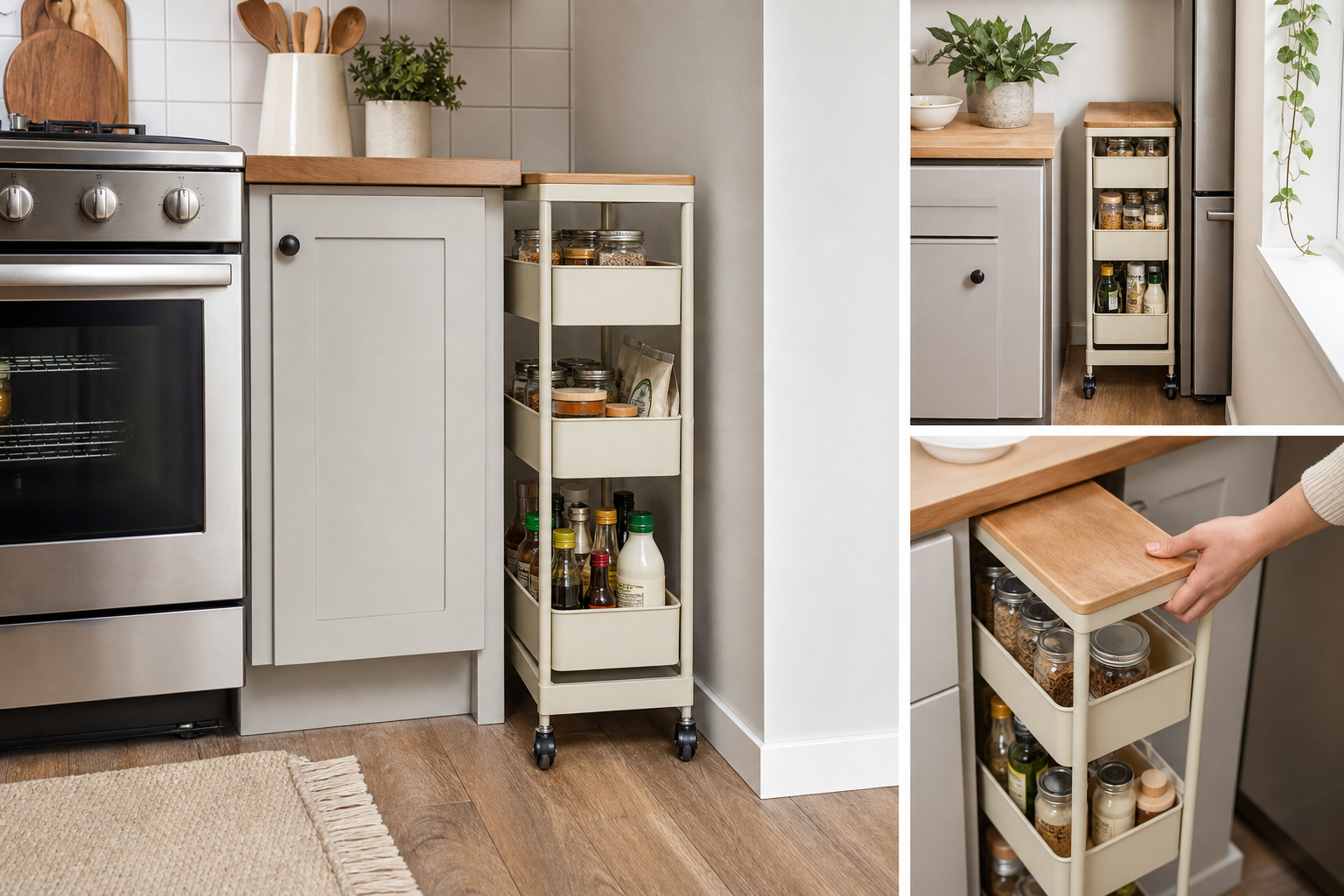 5. Install a Narrow Rolling Cart — small kitchen storage ideas without a pantry