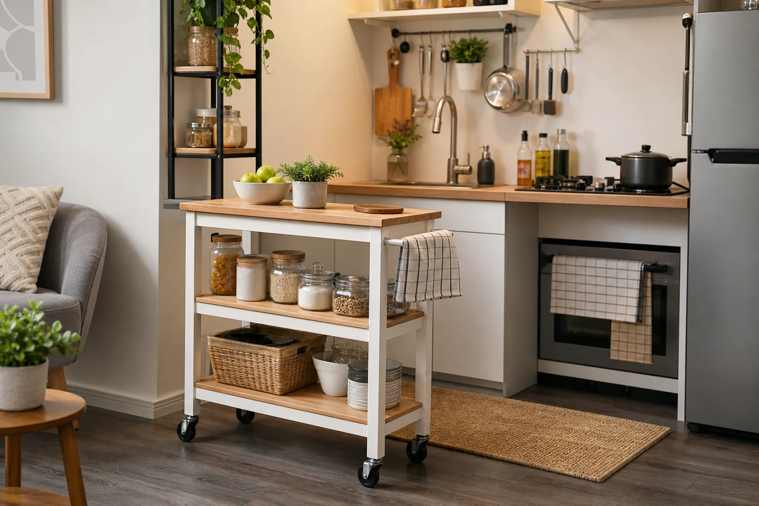 3. Add a Rolling Kitchen Cart — tiny apartment kitchen ideas