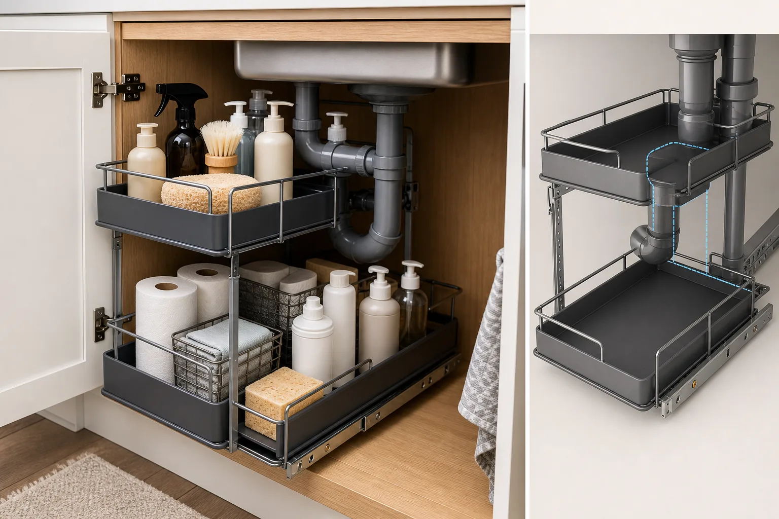 1. Use a Two-Tier Pull-Out Organizer Around Pipes — Under Kitchen Sink Organization Ideas for Small Spaces