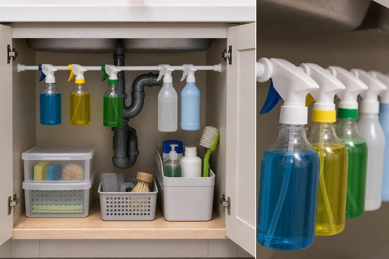 2. Add a Tension Rod for Spray Bottles — Under Kitchen Sink Organization Ideas for Small Spaces