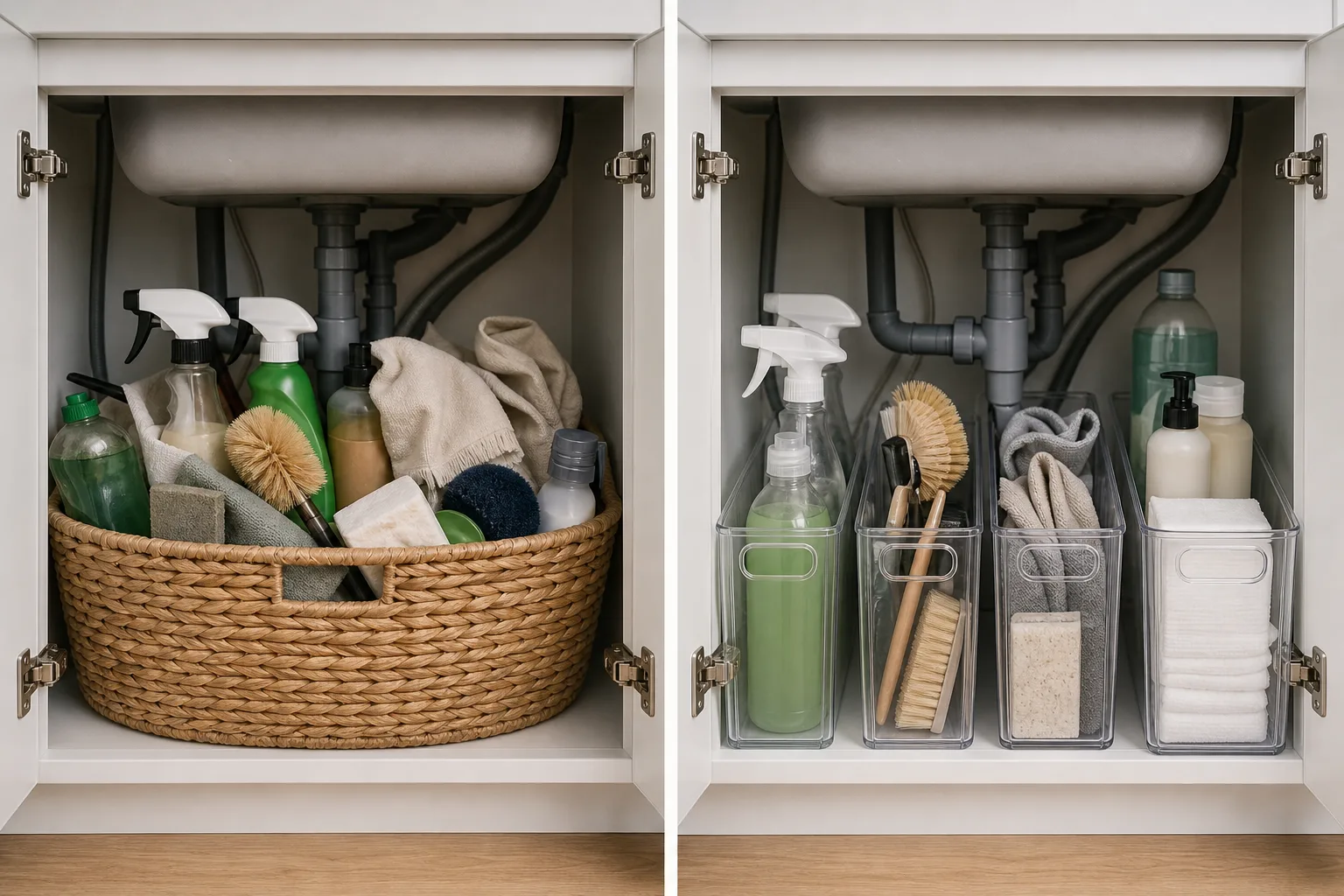 4. Choose Clear, Narrow Bins Instead of Oversized Baskets — Under Kitchen Sink Organization Ideas for Small Spaces