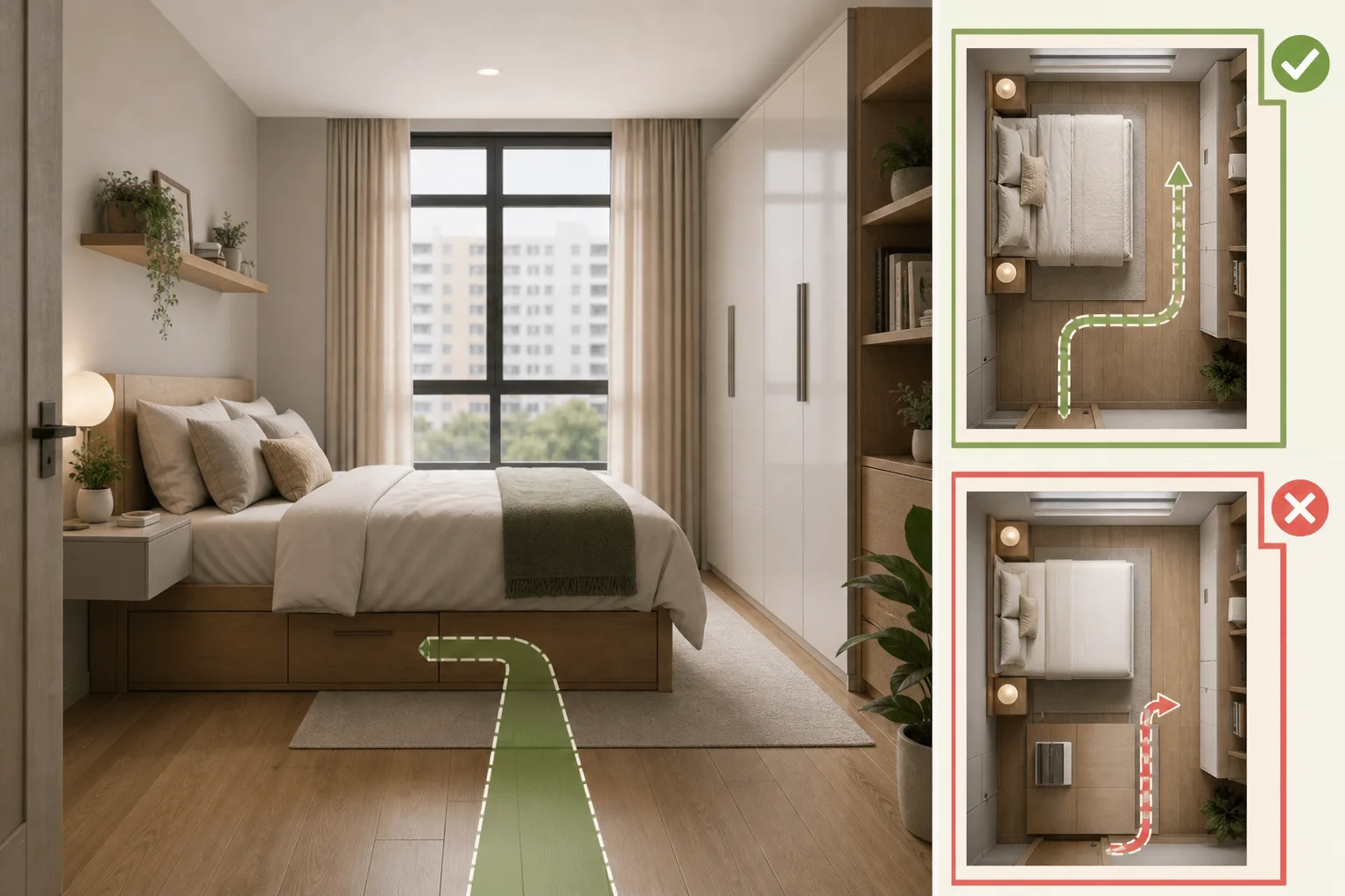 1. Start With a Layout That Protects Walking Space — small apartment bedroom ideas