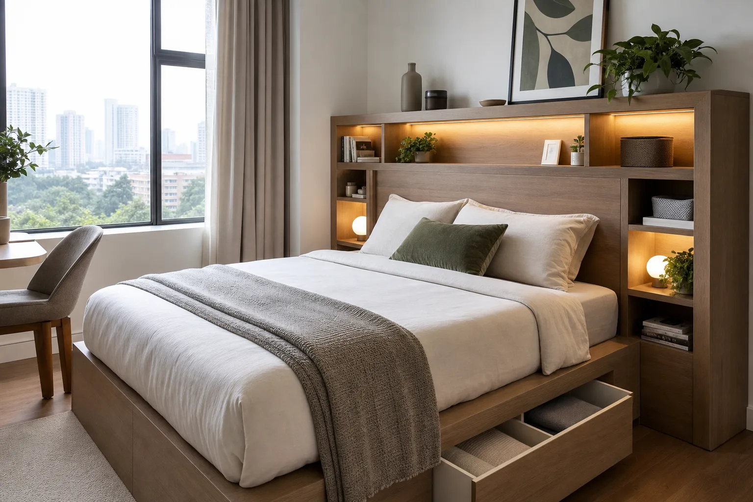 6. Use a Headboard That Adds Function — small apartment bedroom ideas