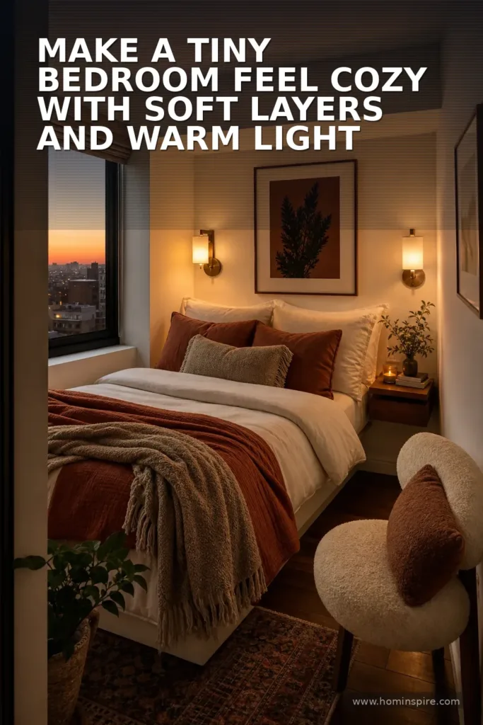 Make a Tiny Bedroom Feel Cozy With Soft Layers and Warm Light